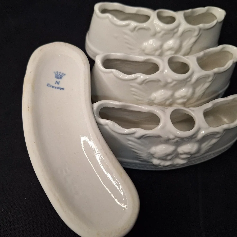 Set of 4 White Glazed‎ Dresden Porcelain Cherub Crescent Flower Candle Holders